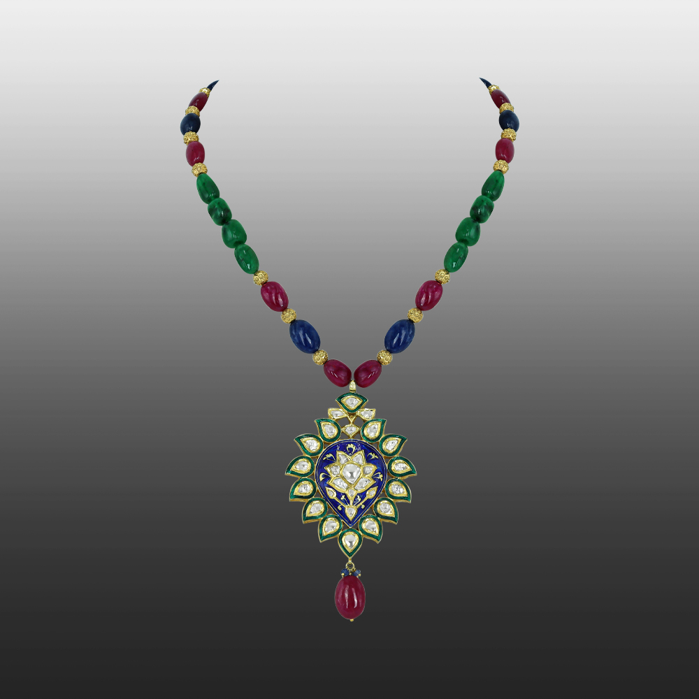 Gemstone Bead Necklace with Polki Meenakari Pendant and Ruby Drop